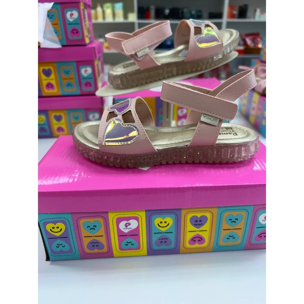 Pampili Girls Pink Holographic Heart Strappy Sandals Gold Footbed Size 12.5 US